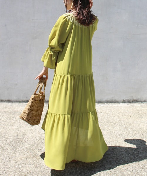 Tiered-Back Maxi Dress with Embroidery in Green