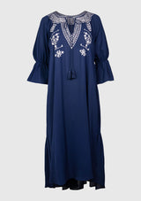 Tiered-Back Maxi Dress with Embroidery in Navy