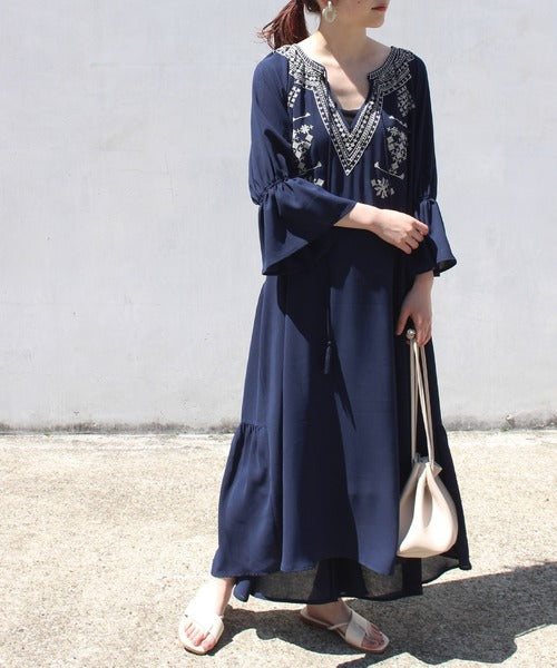 Tiered-Back Maxi Dress with Embroidery in Navy