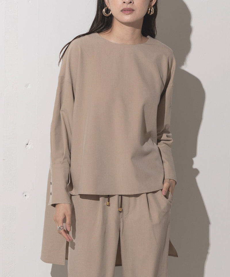 Long-Sleeved Boxy Blouse with Hi-Lo Hem in Beige