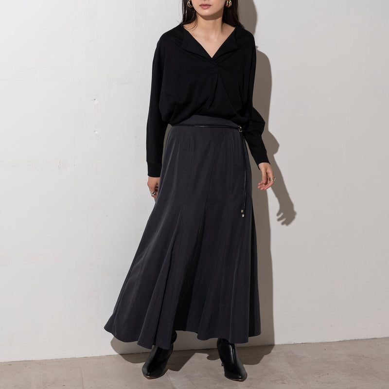 Midi Trumpet Skirt with Cord Sash in Black