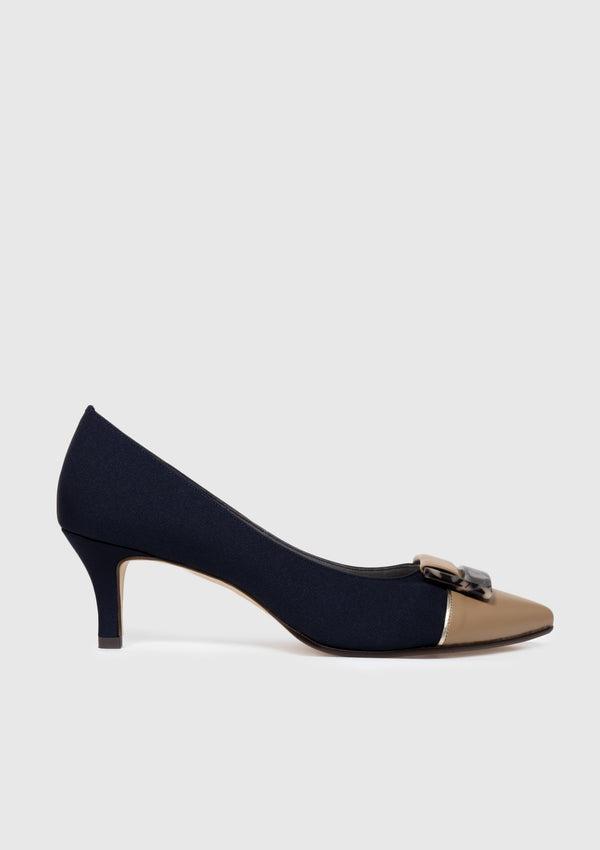 Square Buckle Point-Toe Heeled Pumps in Navy - LUMINE SINGAPORE