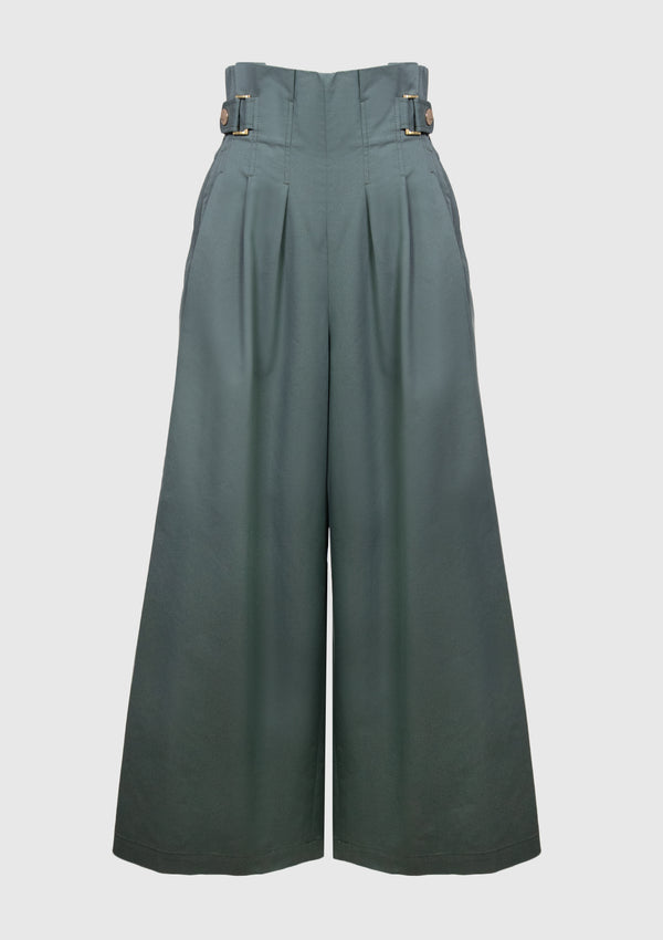 Paperbag High-Waist Wide-Leg Pants in Green