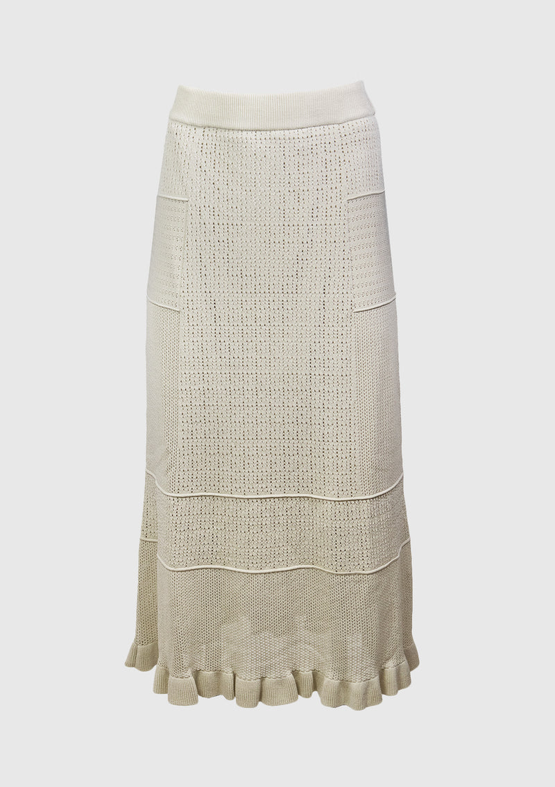 Patchwork-Style Knitted Skirt with Ruffled Hem in Ivory