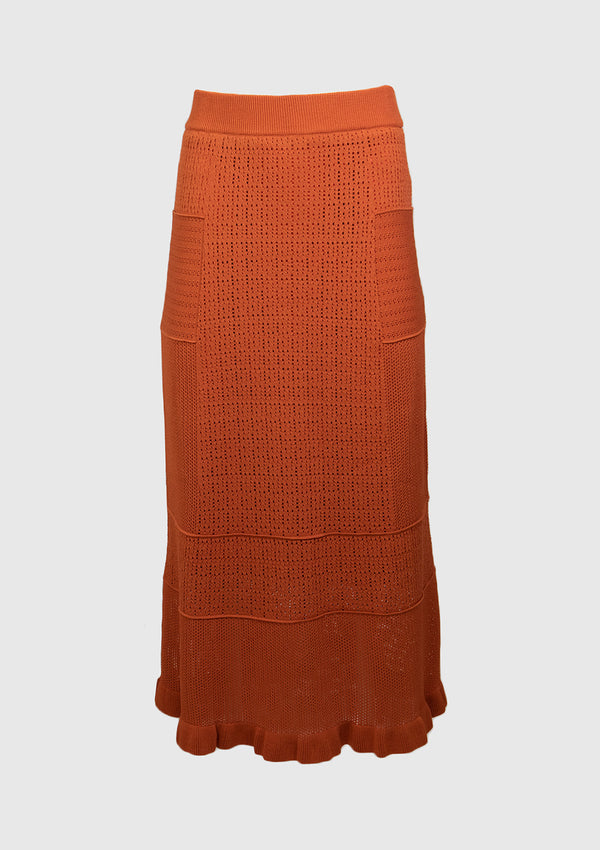 Patchwork-Style Knitted Skirt with Ruffled Hem in Orange