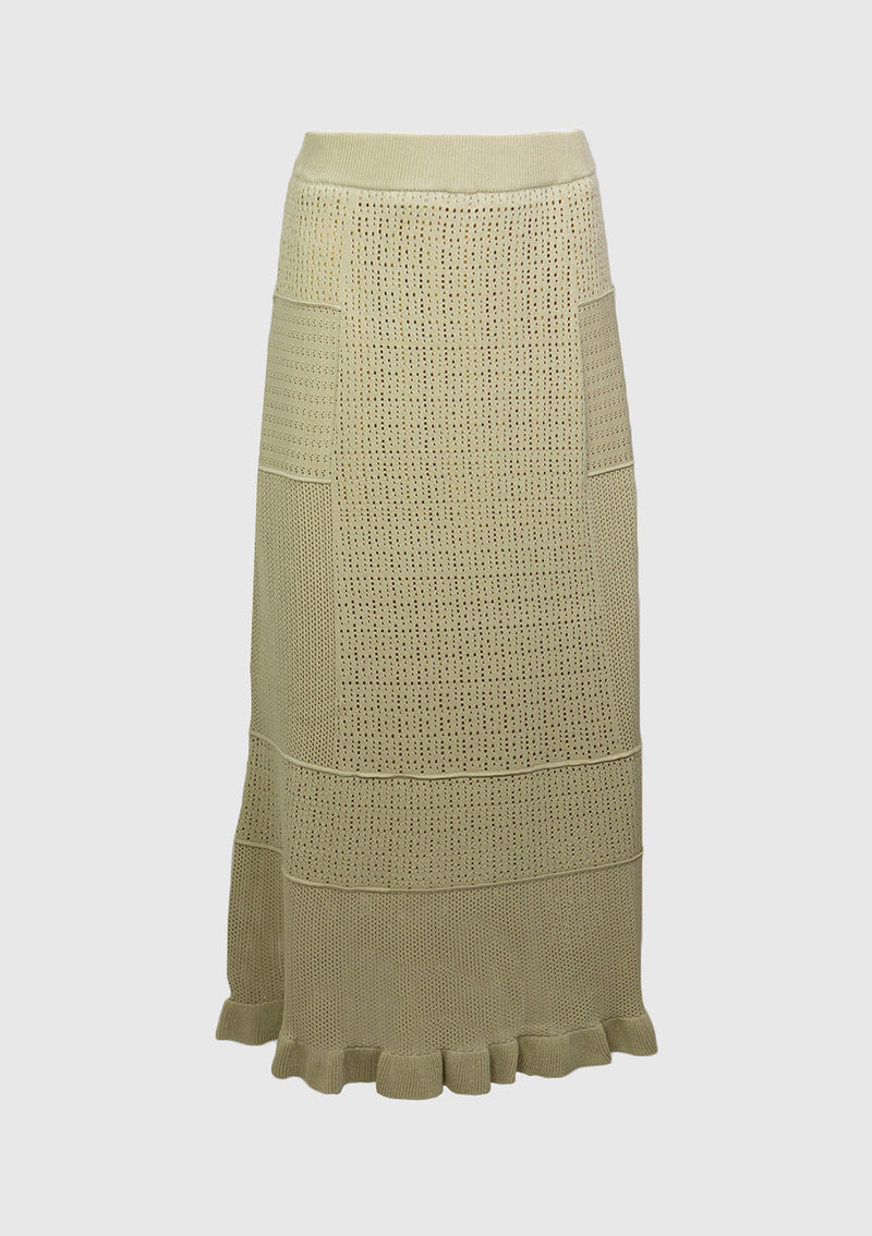Patchwork-Style Knitted Skirt with Ruffled Hem in Light Yellow