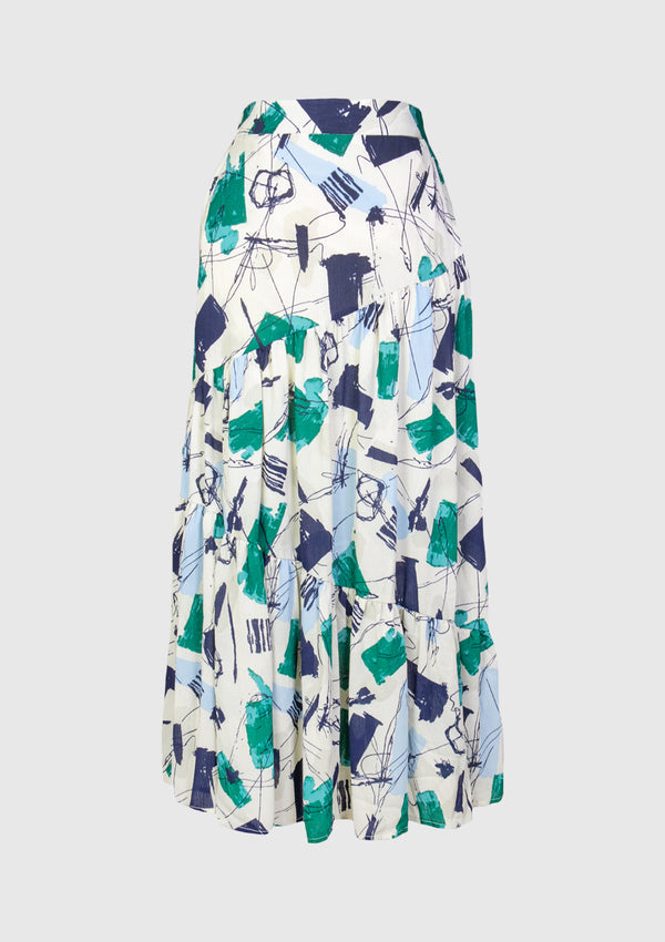 Pattern Crinkled Crepe Tiered Maxi Skirt in Green Multi