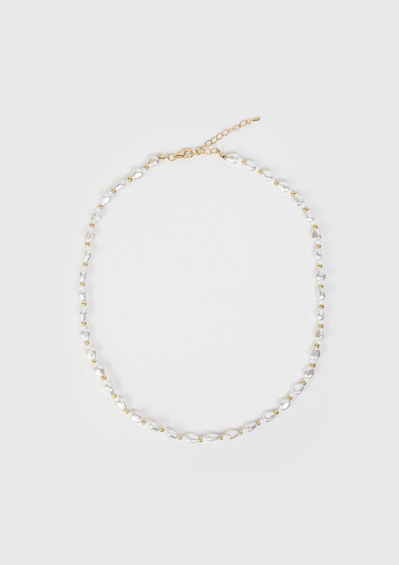 Pearl & Bead Necklace in White & Gold