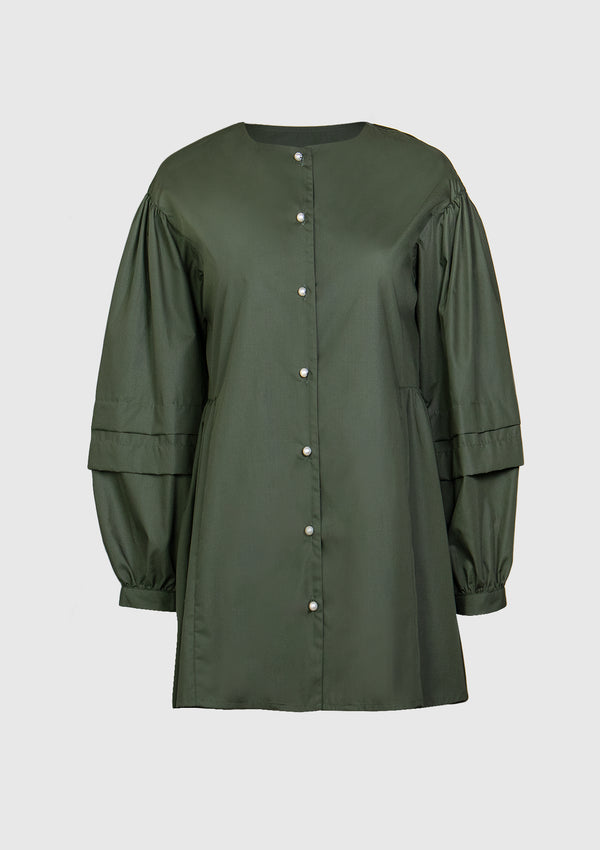Pearl Button Gathered Blouse in Khaki Green