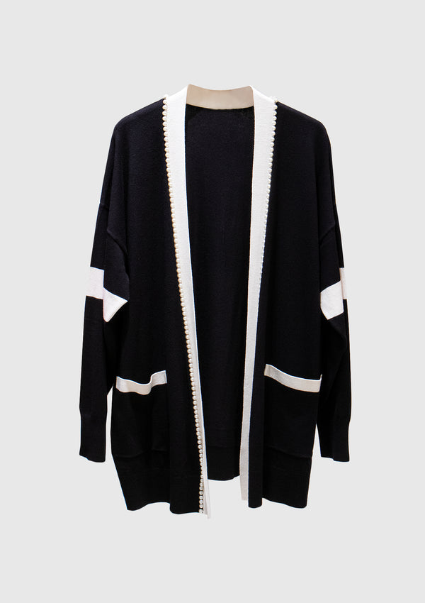 Faux Pearl-Trimmed Open-Front Long Cardigan in Black