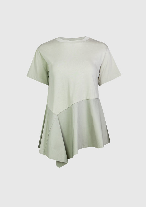 Asymmetric Bi-Fabric Peplum Tee in Khaki Green