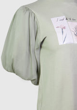 Photo Print Tee with Organdy Puff Sleeves in Green