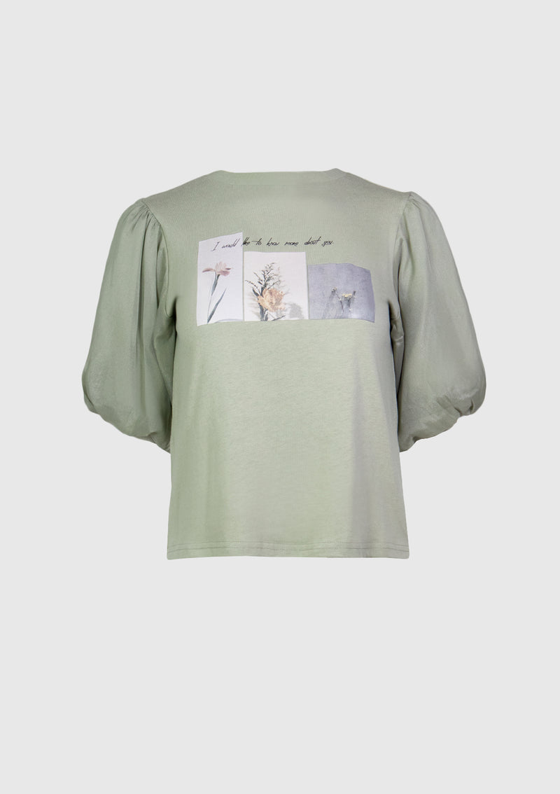 Photo Print Tee with Organdy Puff Sleeves in Green