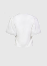 Photo Print Tee with Organdy Puff Sleeves in White