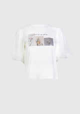 Photo Print Tee with Organdy Puff Sleeves in White