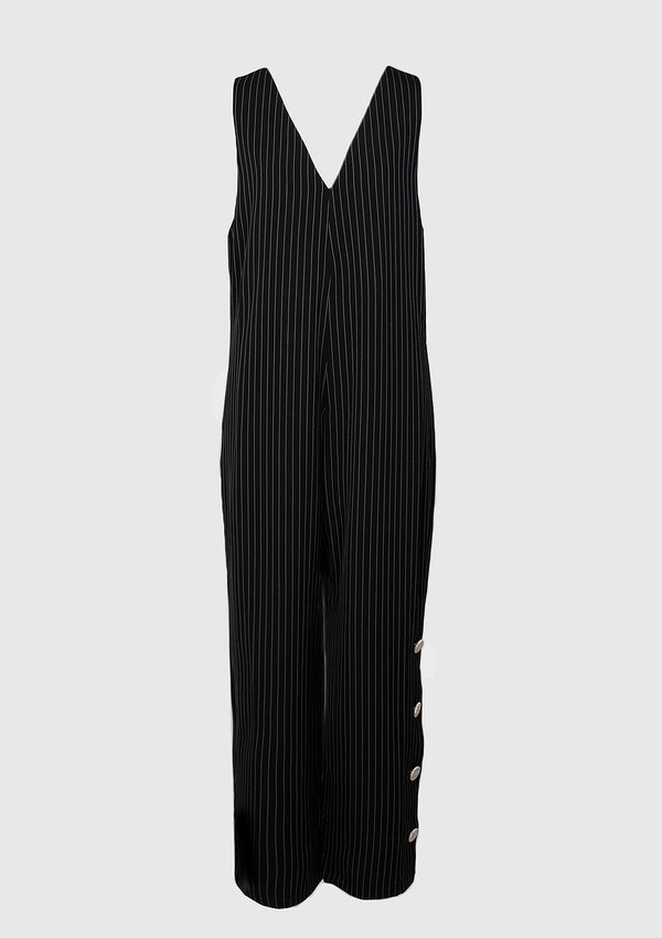Pinstripe Jumpsuit with Buttoned Leg Detail in Black Stripe