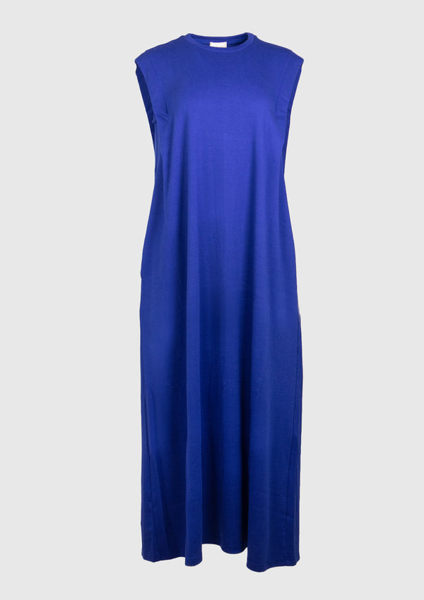 Pleat-Shoulder Sleeveless Maxi Dress in Blue
