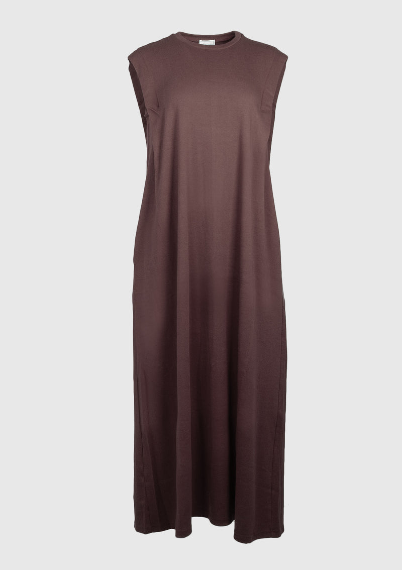 Pleat-Shoulder Sleeveless Maxi Dress in Brown