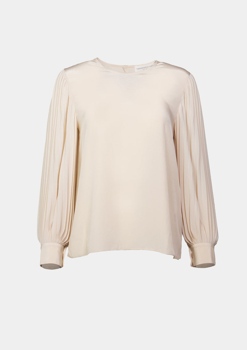Round-Neck Chiffon Blouse with Pleated Lantern Sleeves in Light Yellow