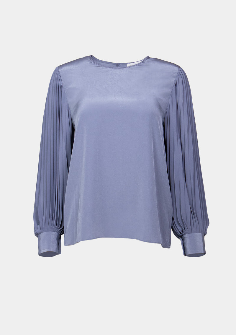Round-Neck Chiffon Blouse with Pleated Lantern Sleeves in Light Purple