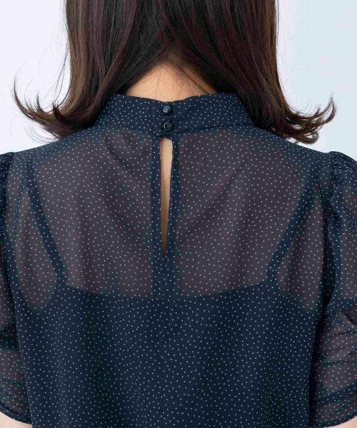 Polka-Dot Sheer High-Neck Ruched Sleeve Blouse in Navy