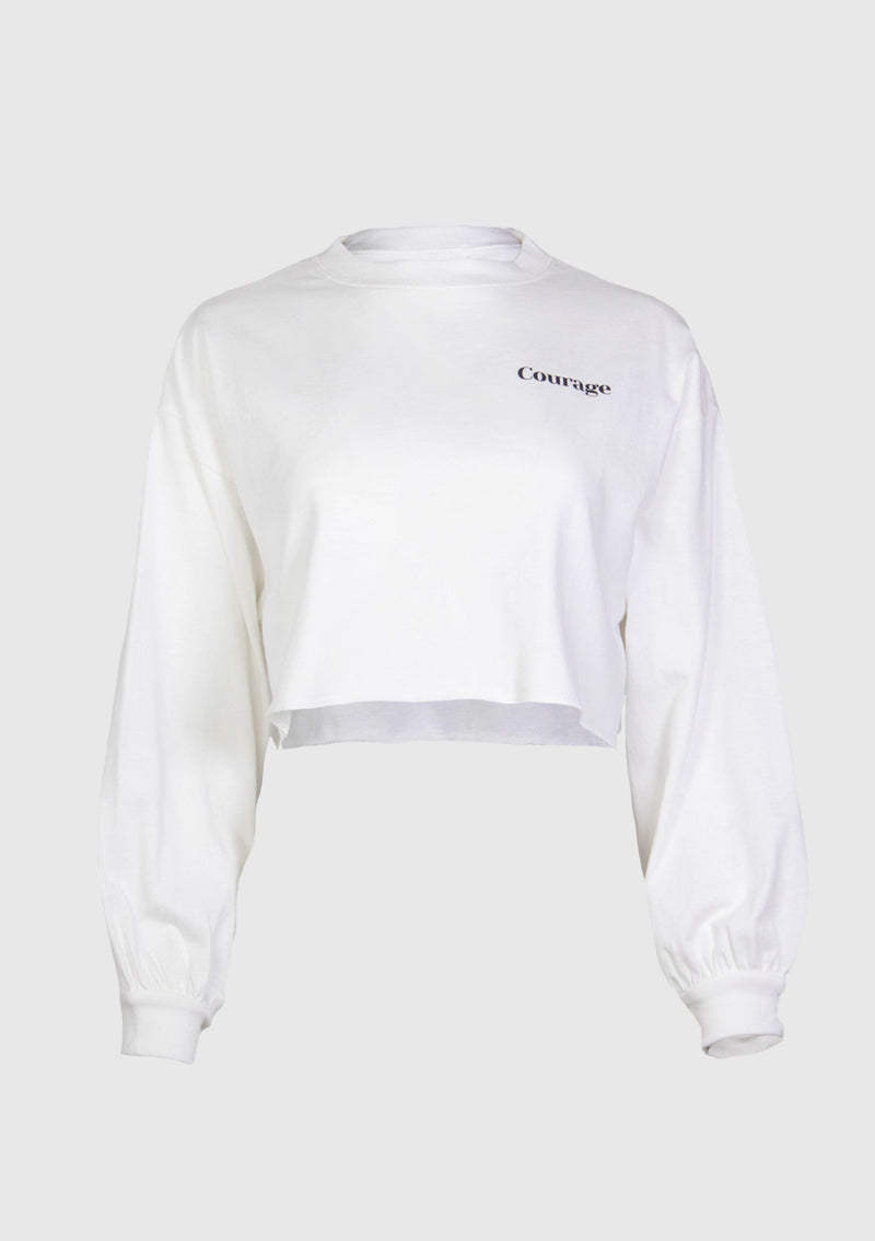 COURAGE Logo Print Long-Sleeved Cropped Tee in Off White