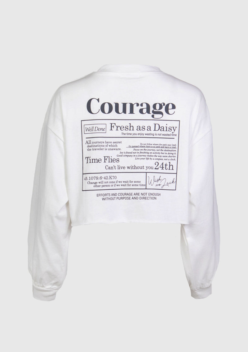 COURAGE Logo Print Long-Sleeved Cropped Tee in Off White