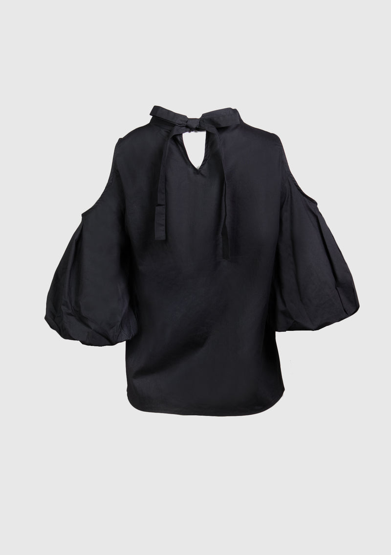 Cold-Shoulder Pleated Blouse with Puff Sleeves in Black - LUMINE SINGAPORE