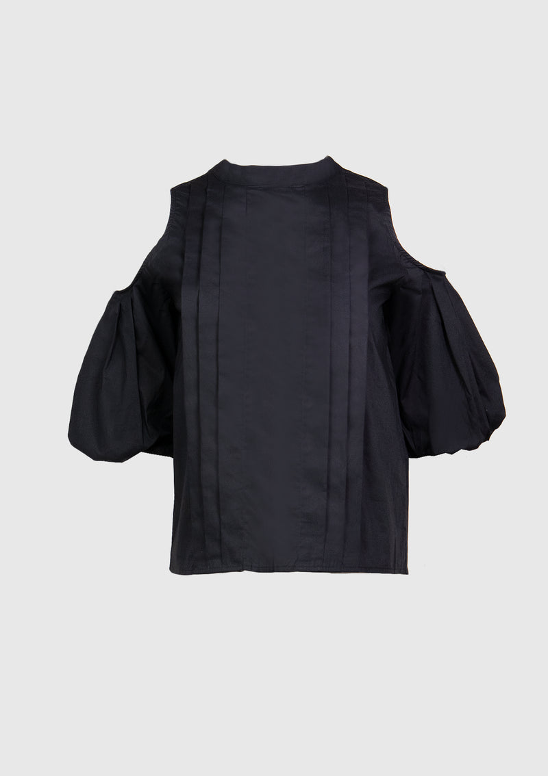 Cold-Shoulder Pleated Blouse with Puff Sleeves in Black - LUMINE SINGAPORE
