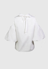 Cold-Shoulder Pleated Blouse with Puff Sleeves in White - LUMINE SINGAPORE