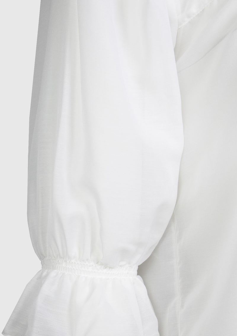 Ruffle-Neck Blouse with Puff Sleeves in Off White - LUMINE SINGAPORE