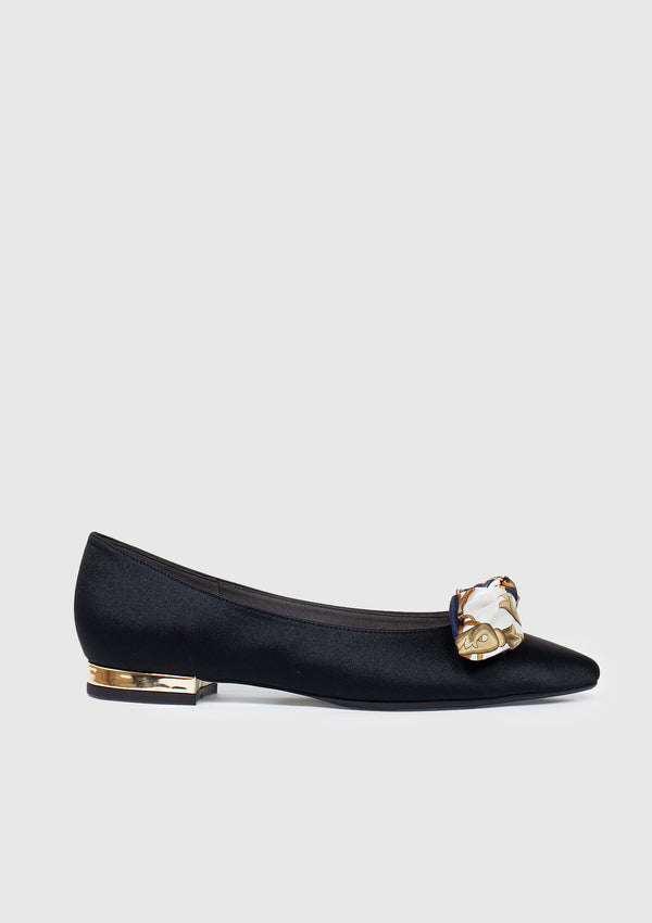 Point Toe Flats with Horsebit & Bow Accent in Black - LUMINE SINGAPORE