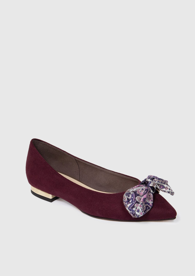 Point Toe Flats with Horsebit & Bow Accent in Wine - LUMINE SINGAPORE