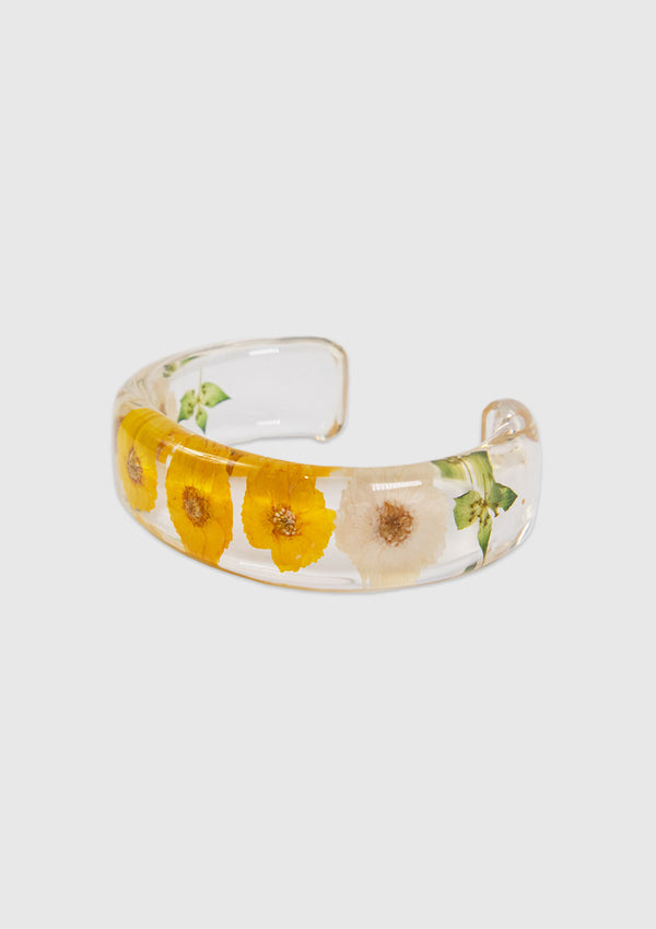 Resin Bangle with Preserved Floral Inset in Yellow