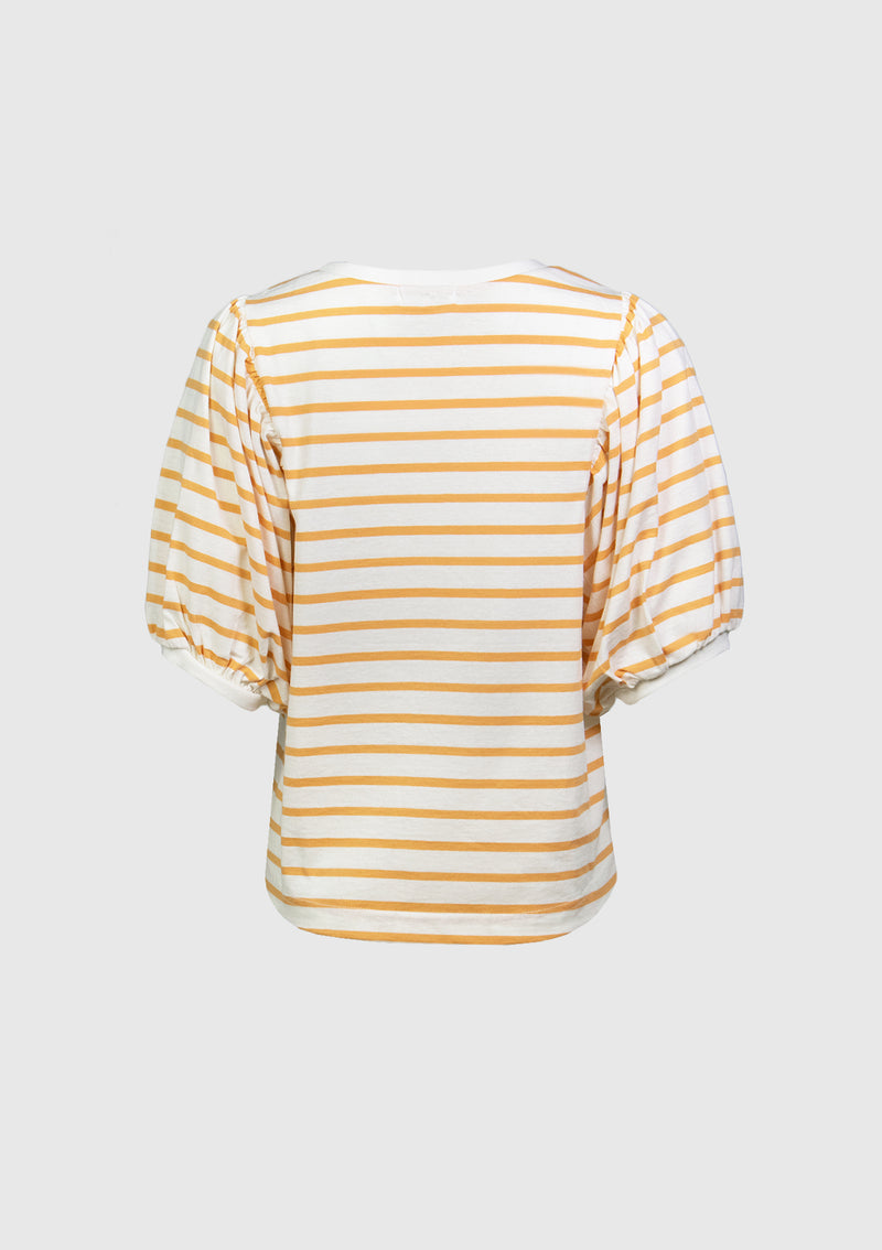 Round-Neck Tee with Inset Gathered Puff Sleeves in Yellow Border