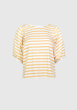 Round-Neck Tee with Inset Gathered Puff Sleeves in Yellow Border