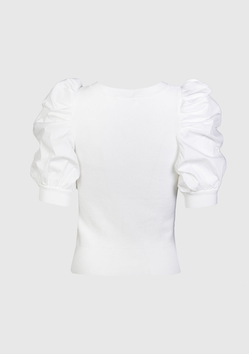 Round-Neck Puff Half-Sleeve Pullover in Off White