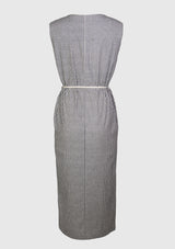 Deep V-Neck Sleeveless I-Line Dress in Black Stripe
