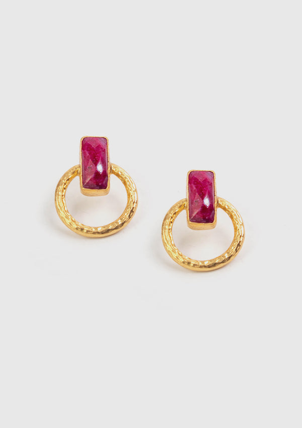 Ruby Stone Round Earrings in Red