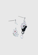 Sakura x Playful Cat Asymmetric Earrings in Black