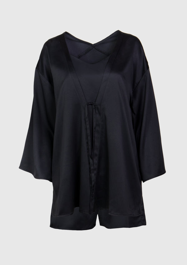 Satin Cardigan With Camisole And Shorts 3-Pc Set in Black