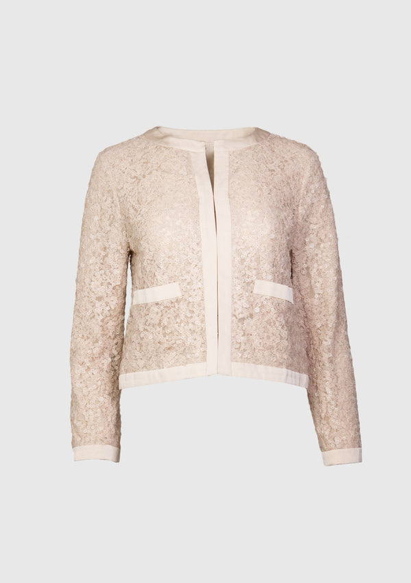 Floral & Sequin Lace Collarless Jacket in Beige
