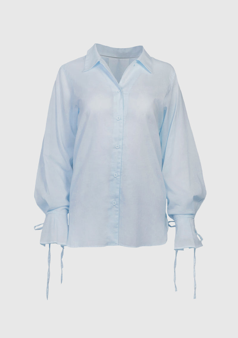 Cotton Sheer Ribbon Cuff Shirt in Light Blue