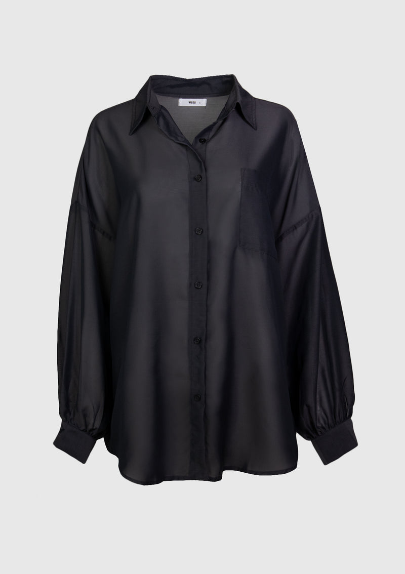 1-Pocket Puff-Sleeve Sheer Oversized Shirt in Black