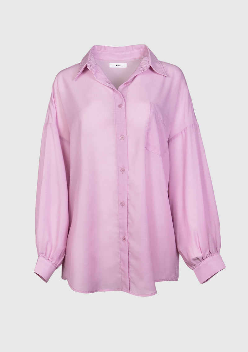 1-Pocket Puff-Sleeve Sheer Oversized Shirt in Pink
