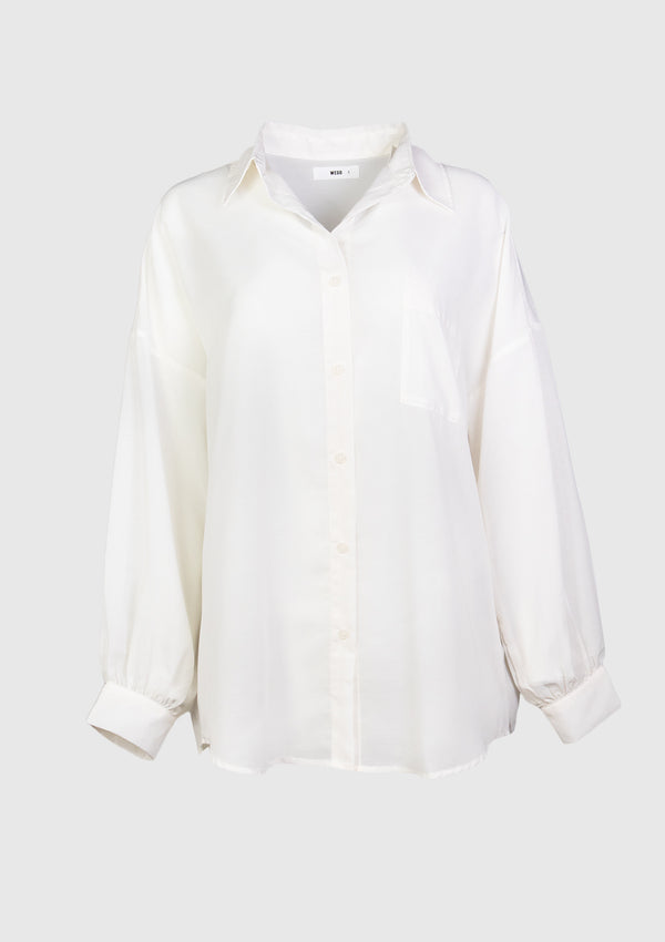 1-Pocket Puff-Sleeve Sheer Oversized Shirt in Off White