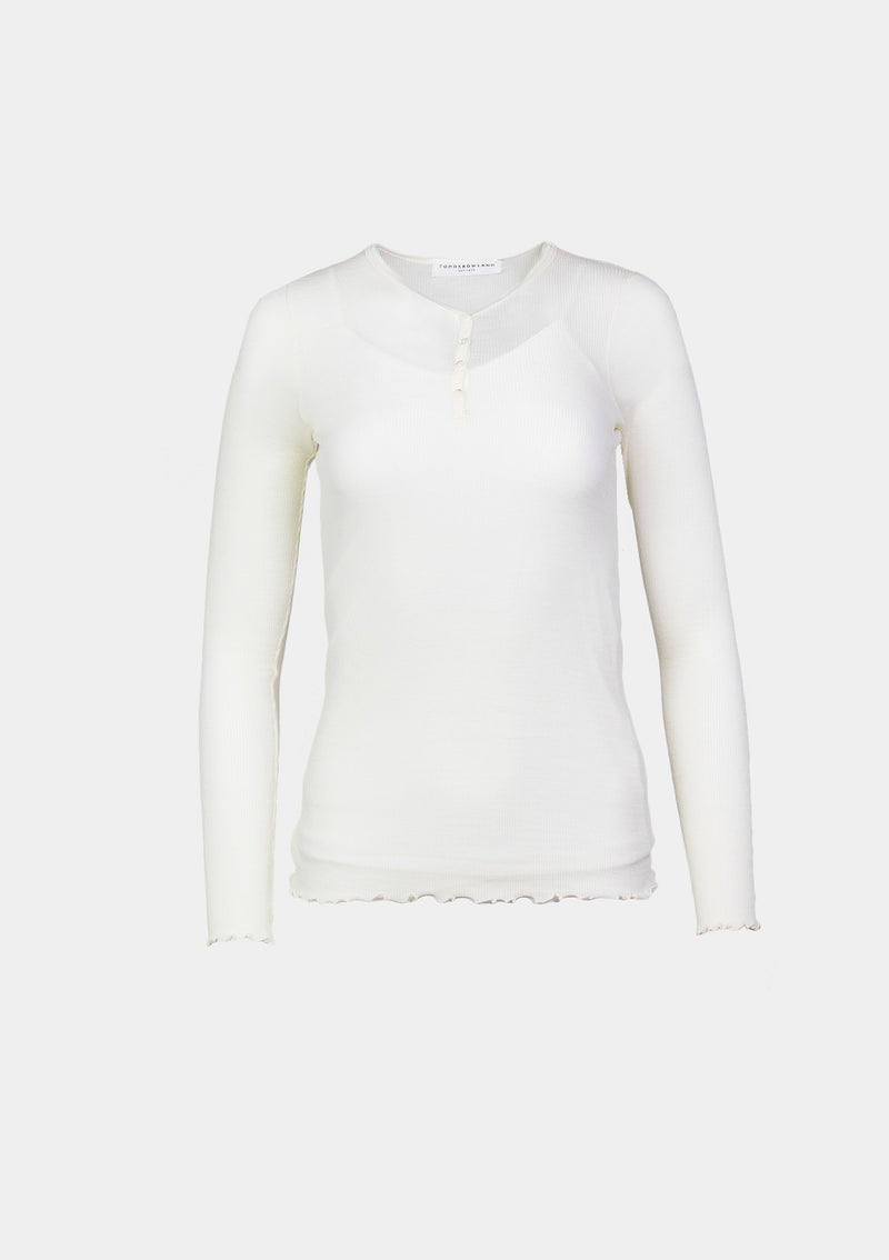 Sheer Ribbed Knit Wool Henley-Neck Tee in White