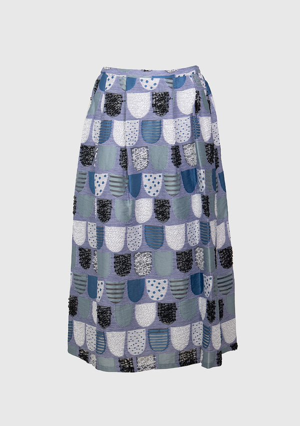 Textured Shingle-Print Flare Midi Skirt in Blue Multi