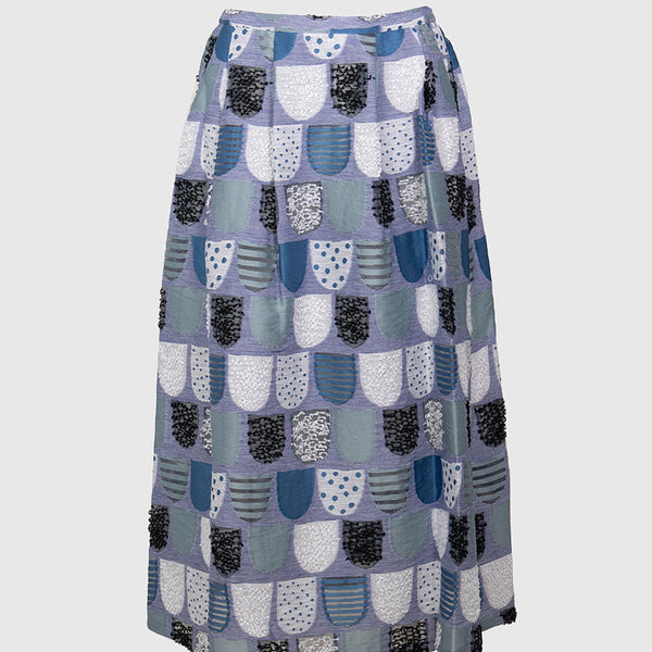 Textured Shingle-Print Flare Midi Skirt in Blue Multi – LUMINE