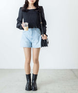 Square-Neck Long Puff-Sleeve Shirred Blouse in Black